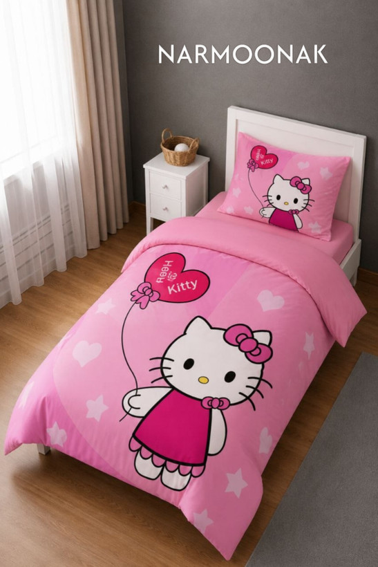 روتختی سه بعدی یک نفره دخترانه طرح کیتی (kitty )میکرویی ، چاپ دیجیتال